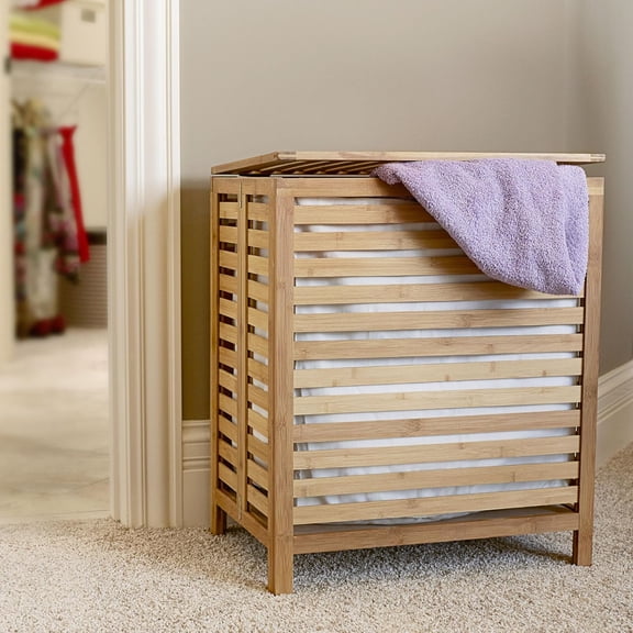 Natural Bamboo Laundry Hamper with Hinged Lid and Cotton Liner Large
