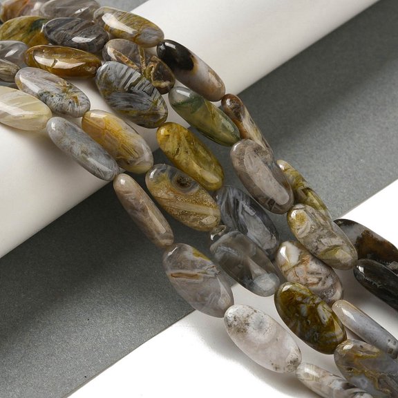 Natural Bamboo Leaf Agate Beads Strands Flat Oval 20x10~10.5x4.5~5mm Hole: 1mm 20pcs/strand 15.55~15.75''(39.5~40cm)