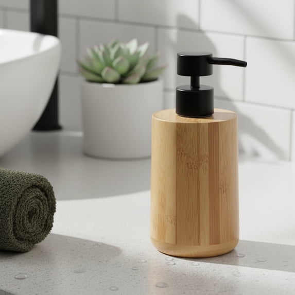 Natural Bamboo Liquid Soap Dispenser with Matte Black Pump - Refillable Wooden hand wash dispenser, 10 fl oz - Perfect Bathroom & Kitchen Accessory for Daily Use