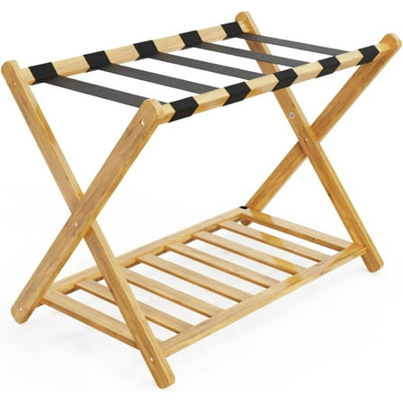 Natural Bamboo Luggage Rack - Folding Suitcase Stand with Storage Shelf, Heavy-Duty Holder for Guest Room, Bedroom, Hotel - Holds up to 150lb