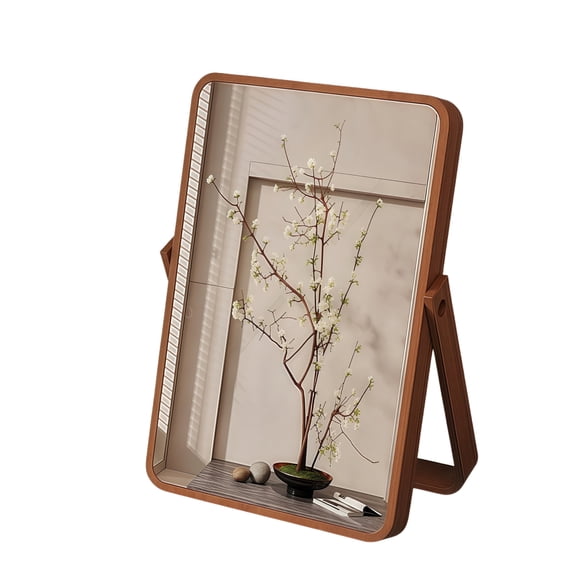 Natural Bamboo Mirror Vintage Wood Table Vanity Makeup Mirror Rectangle Standing 360 Degree Rotation Desk Mirror Decor for Living Room, Bedroom, Entryway