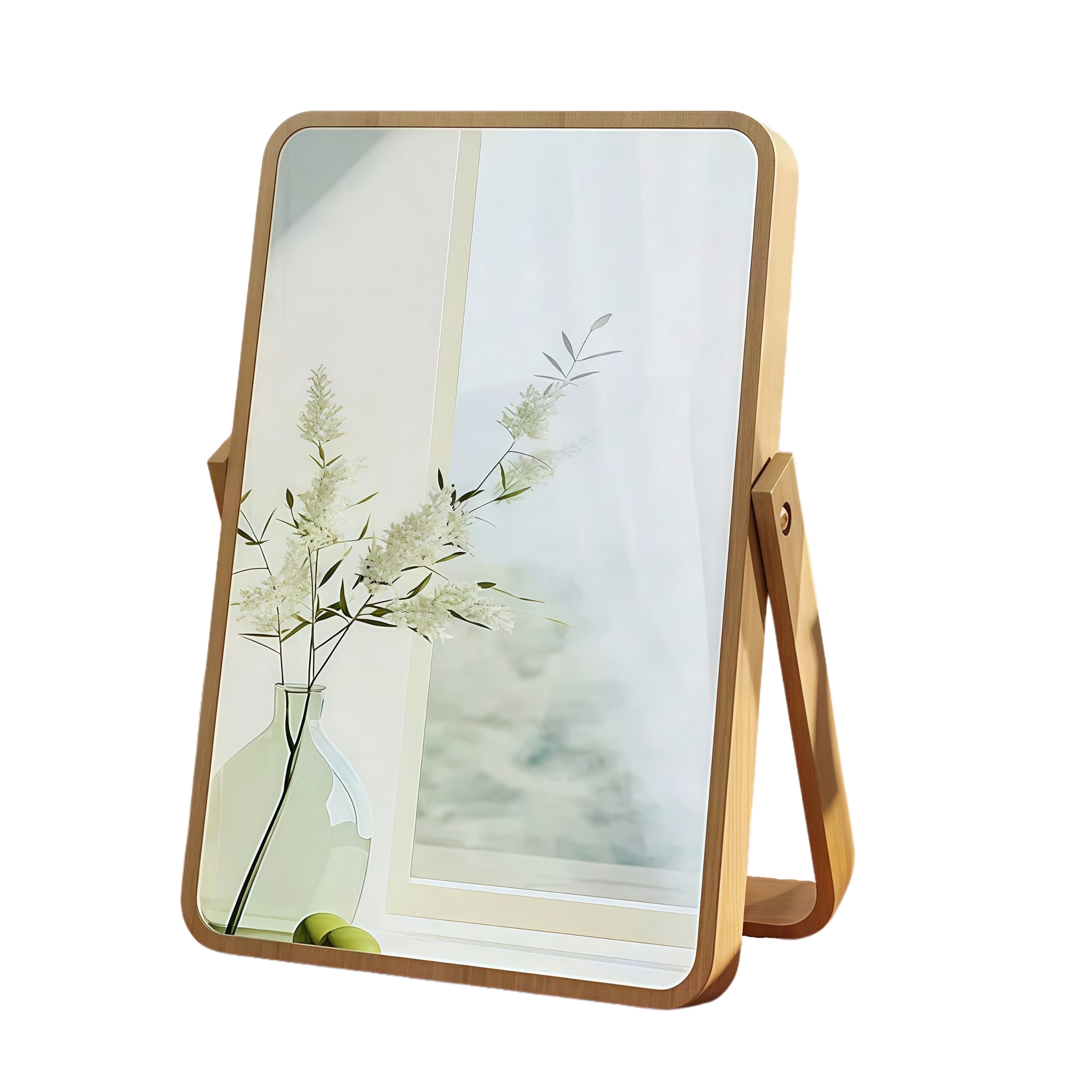 Natural Bamboo Mirror Vintage Wood Table Vanity Makeup Mirror Rectangle Standing 360 Degree Rotation Desk Mirror Decor for Living Room, Bedroom, Entryway