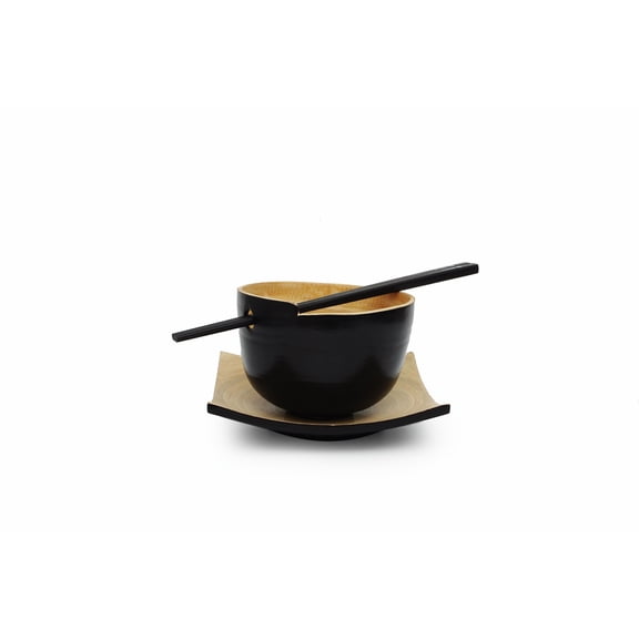 Natural Bamboo Noodle Bowl Plate Chopsticks Dining Set Durable Dinnerware - Black