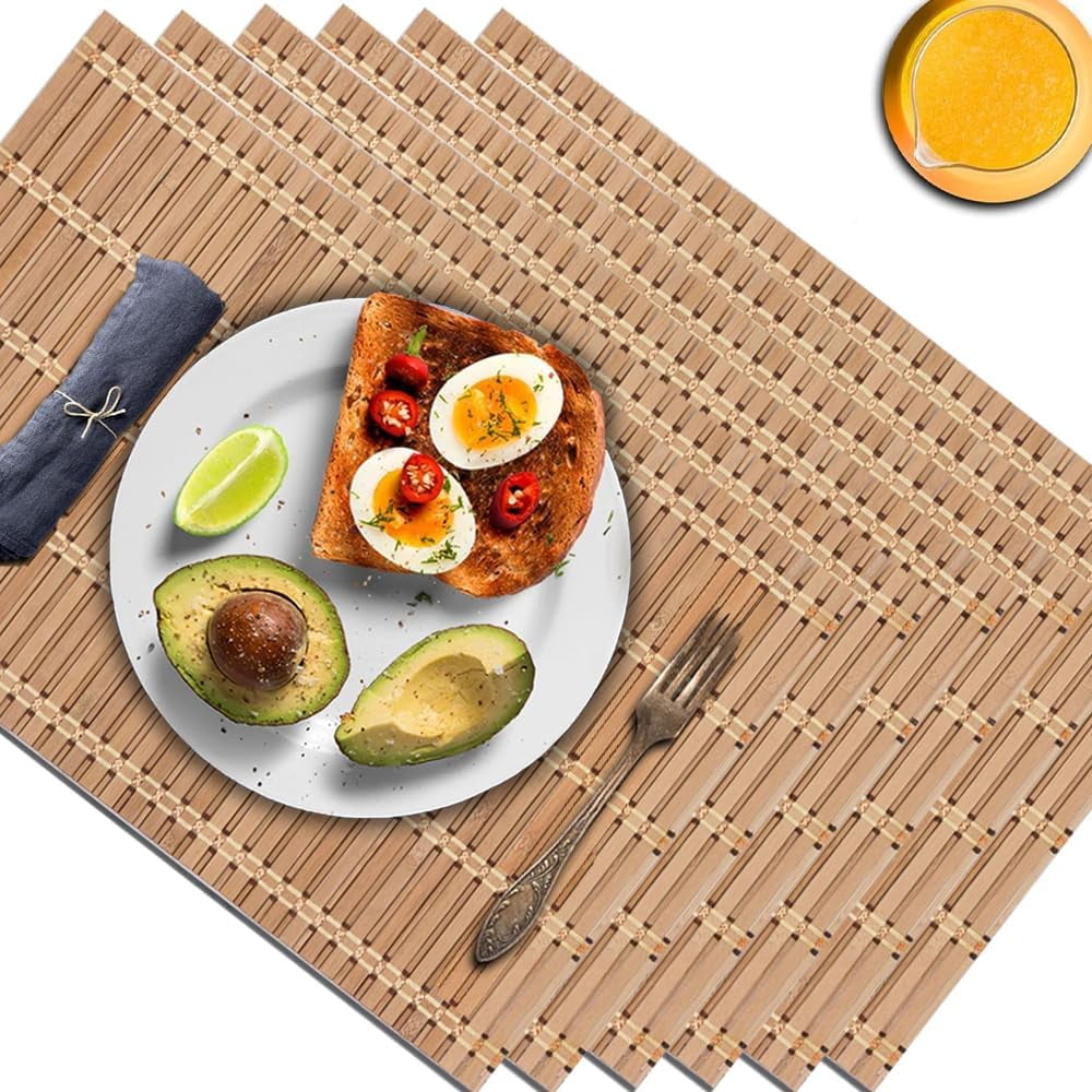 Natural Bamboo Placemat -6 Pack- Set of Wooden Square Placemats, Suitable for Non-Slip and Resistant Bamboo Table Placemats in Restaurants and Kitchen