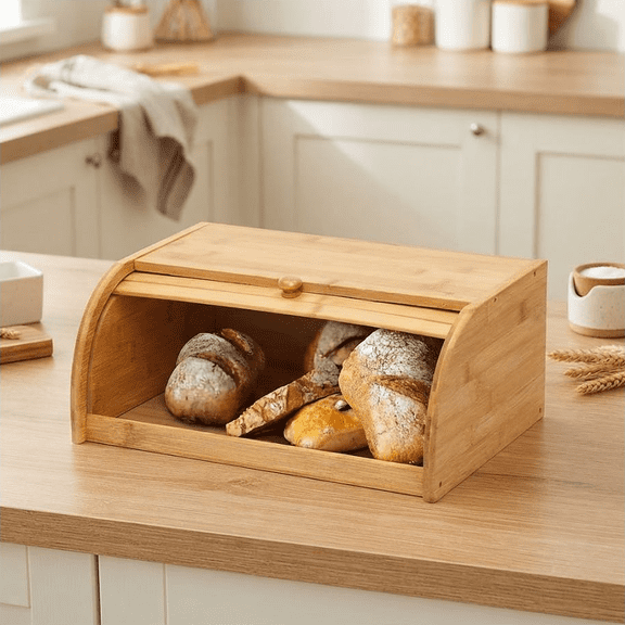 Natural Bamboo Roll Top Bread Box for Kitchen Countertop, Brown Rectangular Food Storage Container with Flip Top Closure, Hand Wash Only, 15.1 by 11 by 6.9-Inches