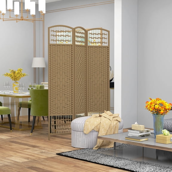 Natural Bamboo Room Divider 3 Panel Folding Screen 5.6 ft Privacy Screen for Living Room Bedroom Home Office Hand-Woven Wicker Style Arch Top