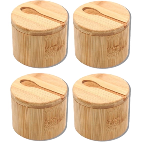 Natural Bamboo Salt Cellar Set of 4 with Wooden Spoons | Eco-Friendly, Air-Tight Kitchen Salt Keeper | Easy-Clean Food-Grade Storage Jars for Countertop, Pantry