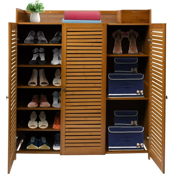 Natural Bamboo Shoe Cabinet, 7-Tier Shoe Storage Cabinet with Drawer, Multifunctional 3-Door Shoe Cupboard, Freestanding Shoe Rack Organizer for Entryway, Hallway, Bedroom, Living Room