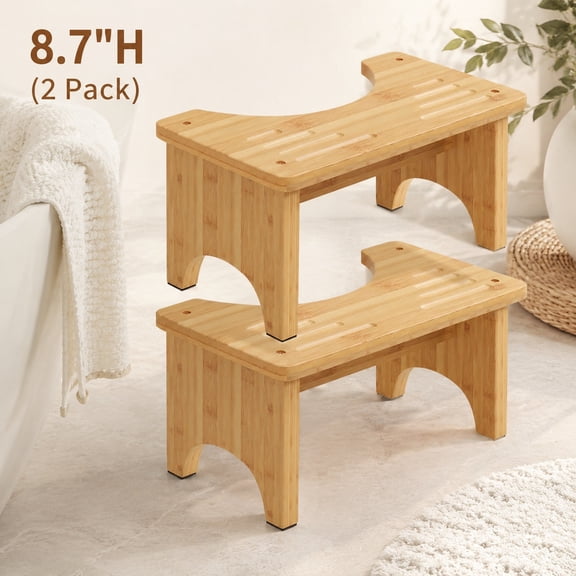 Natural Bamboo Toilet Stool Squat 9 Inch, Non-Slip Stable Wooden Potty Step Stool for Adults, Portable Bathroom Step Stool, Promotes Healthy Squatting Posture, 2 Pack