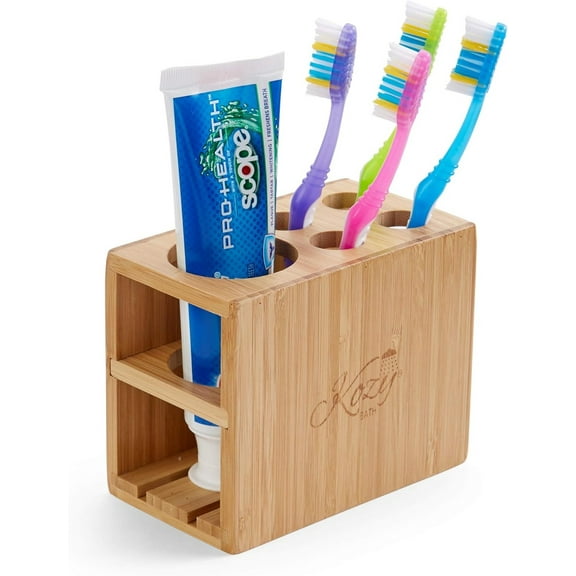 Natural Bamboo Toothbrush and Toothpaste Holder Stand for Bathroom Vanity Storage, 5 Slots