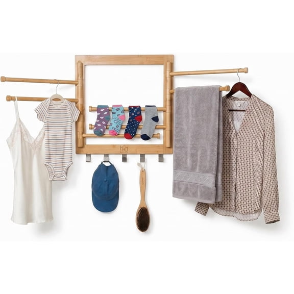 Natural Bamboo Wall-Mount Swivel-Arm Drying Rack, 8 Thick Rods with 5 Steel Hooks, Holds 80 lbs, Sustainable Eco-Friendly Laundry Rack, Ships Fully Assembled