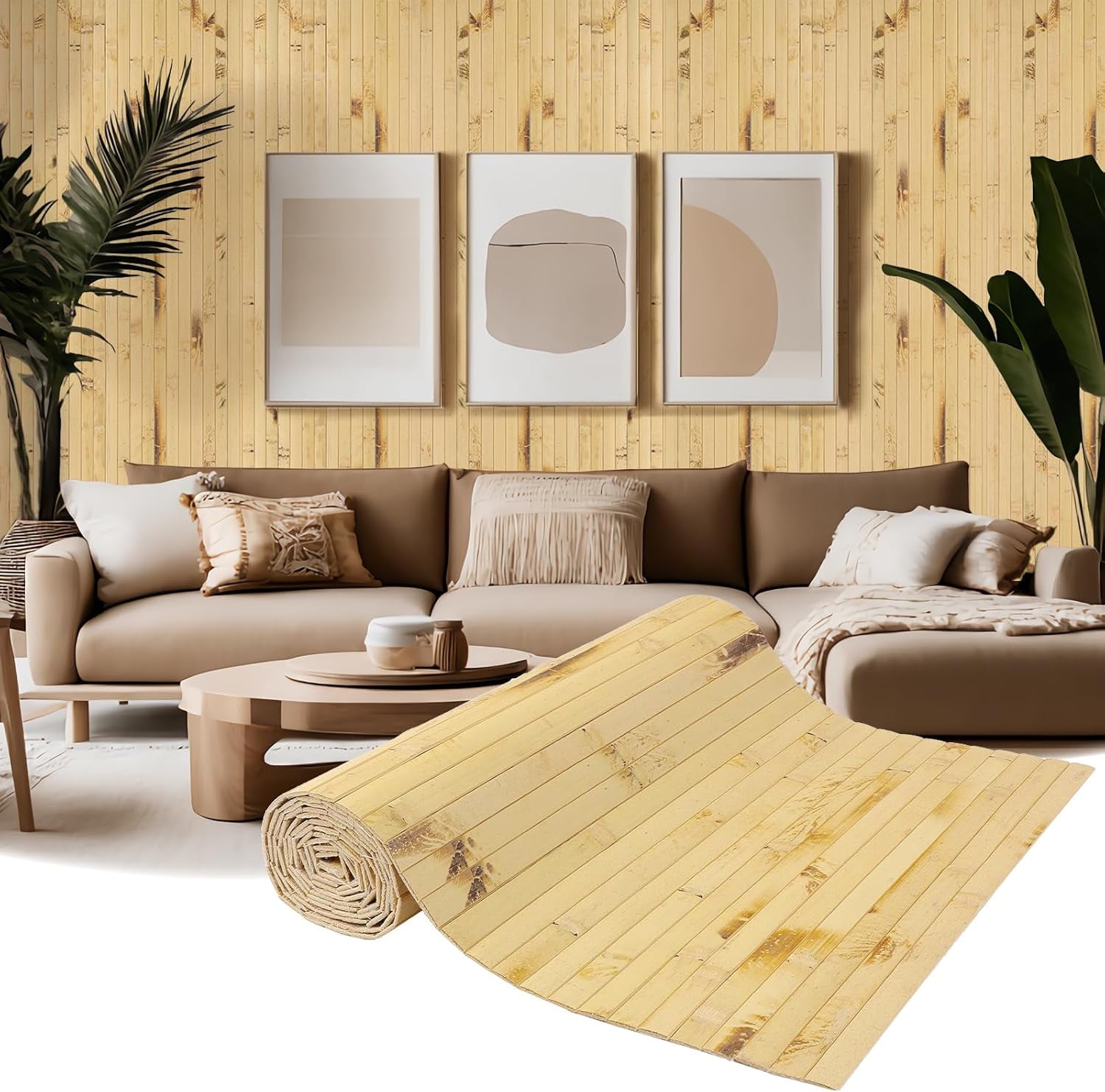 Natural Bamboo Wall Panel Covering Roll, Flexible Pole Wrap Wainscoting