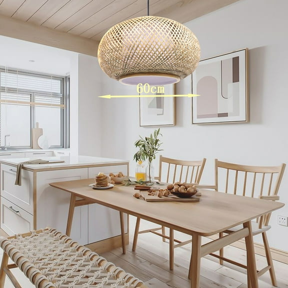 Natural Bamboo Wicker Pendant Lamp, Cage-Style Rattan Shade with Adjustable 39.37 Cord, E26/E27 Compatible Rustic Indoor Hanging Light for Living Room & Dining