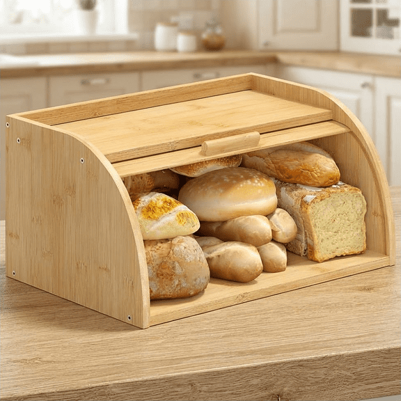 Natural Bamboo Wooden Roll-Top Bread Box for Kitchen Countertop, Space-Saving Corner Rectangular Storage Container and Organizer, 16.3 by 11 by 7.87-Inches
