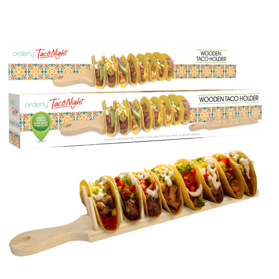 Natural Bamboo Wooden Taco Holder for 8 Tacos with Removable Pegs and Handle, 15.875 Inch Serving Tray