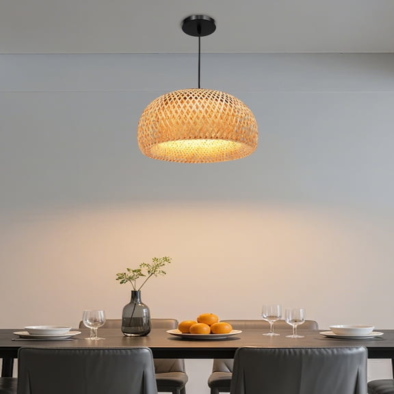 Natural Bamboo Woven Pendant Light Rustic Handmade Ceiling Lamp with Adjustable Chain, E26 Bulb Compatible, Boho Farmhouse Hanging Light Fixture for Dining Room, Living Room, Kitchen