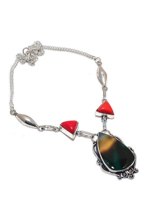 Natural Banded Agate, Coral 925 Sterling Silver Jewelry Necklace 18"