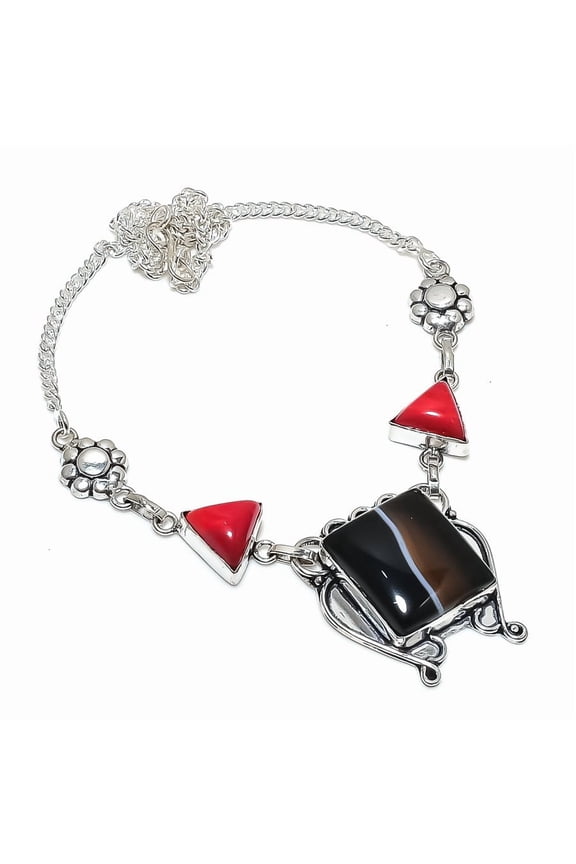 Natural Banded Agate, Coral 925 Sterling Silver Jewelry Necklace 18"