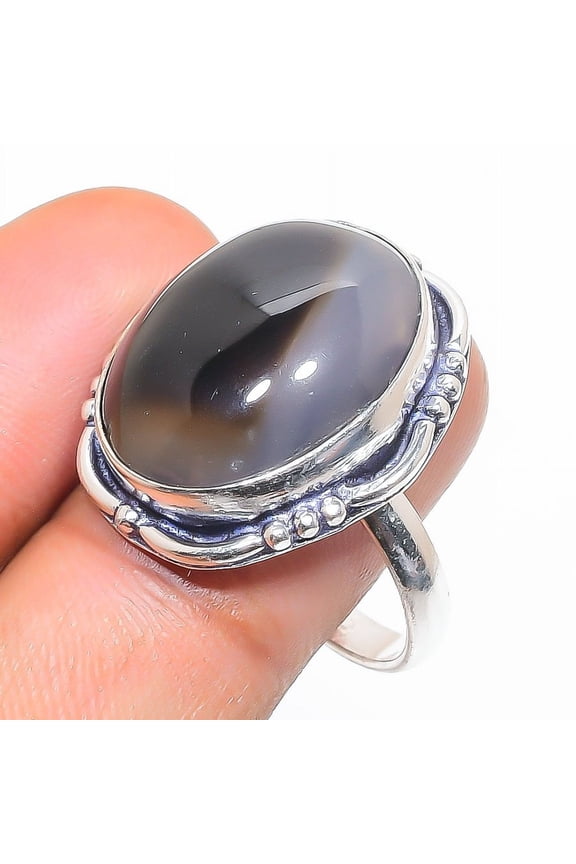 Natural Banded Agate Gemstone 925 Sterling Silver Jewelry Ring Size 9.5