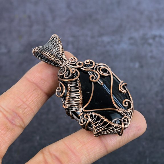 Natural Banded Agate Gemstone Copper Eire Wrap Jewelry Pendant 2.76"
