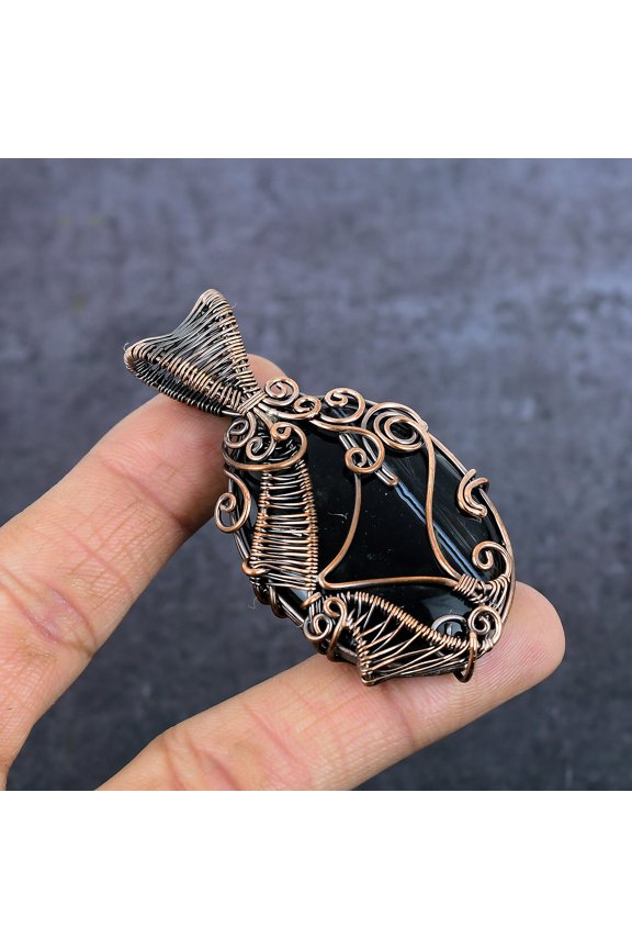Natural Banded Agate Gemstone Copper Eire Wrap Jewelry Pendant 2.76"