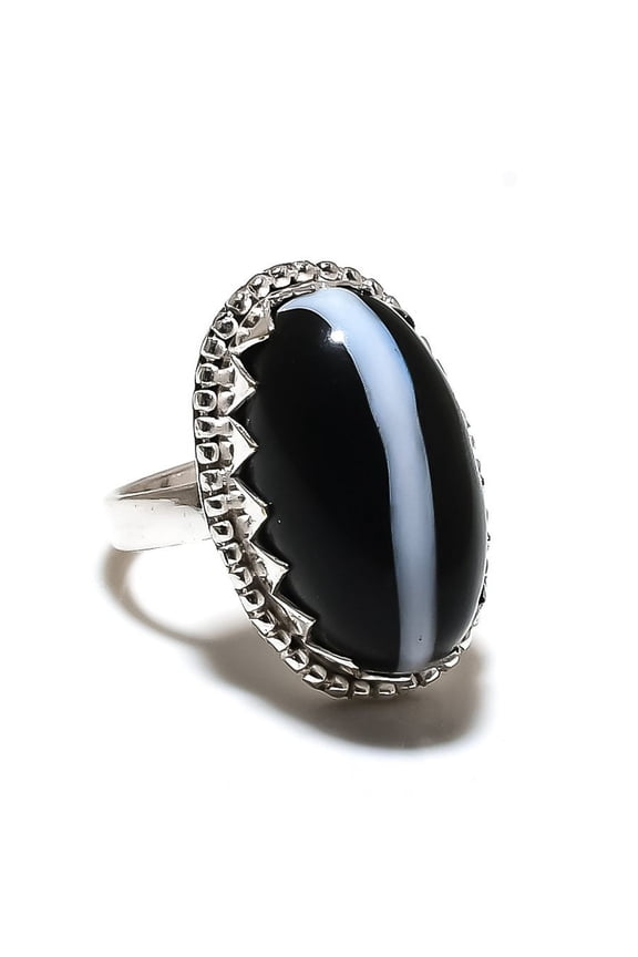 Natural Banded Agate Gemstone Handmade 925 Sterling Silver Ring Size 7.5