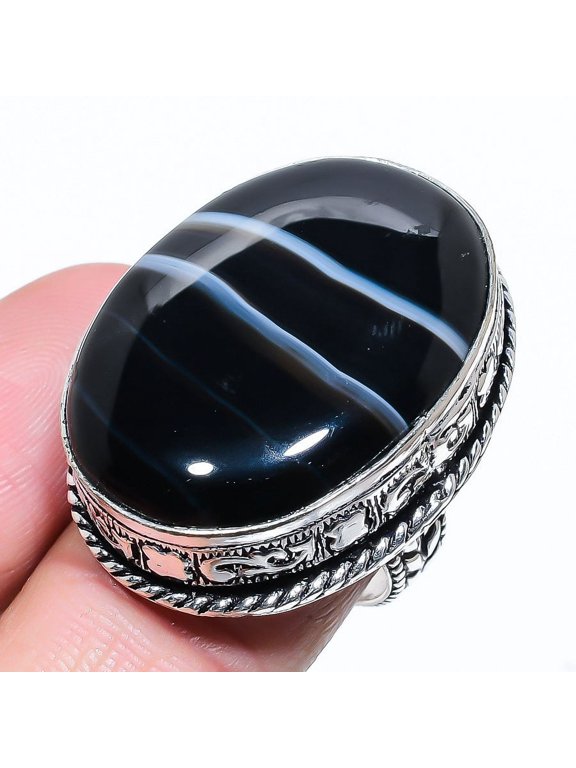 Natural Banded Agate Gemstone Handmade 925 Sterling Silver Ring Size 7