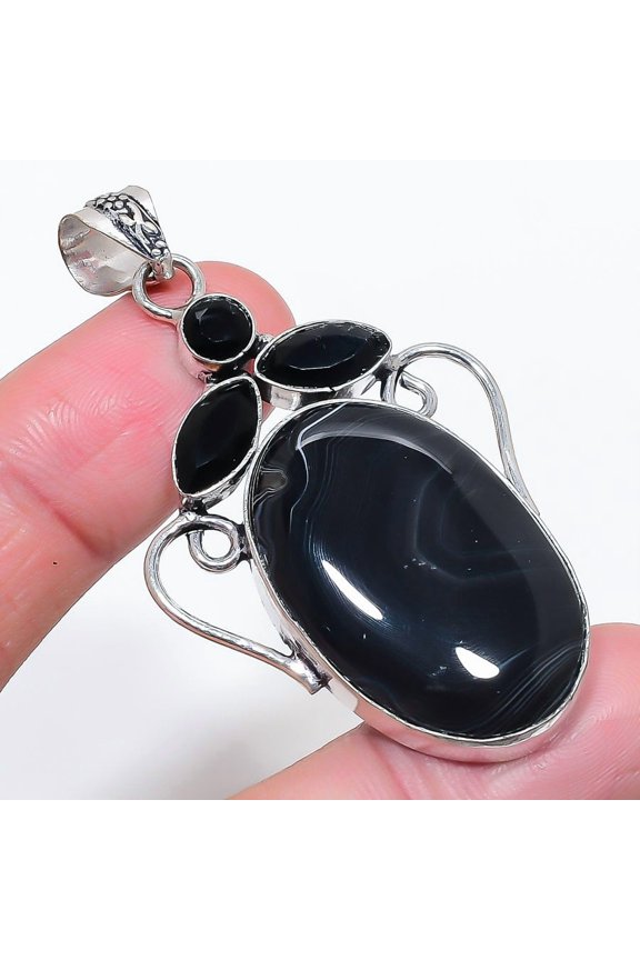 Natural Banded Agate, Spinel 925 Sterling Silver Jewelry Pendant 2.56"