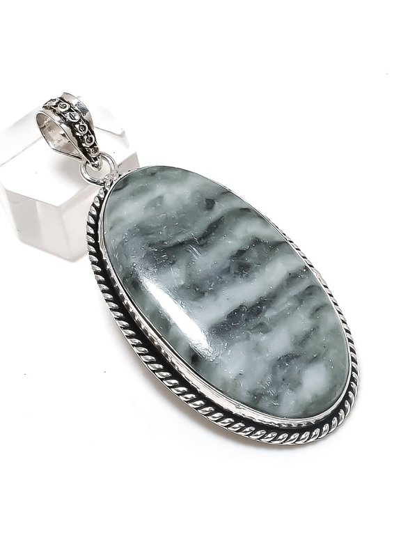 Natural Banded Green Opal 925 Sterling Silver Jewelry Pendant 2.44"