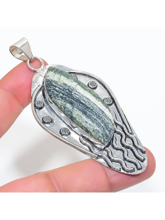 Natural Banded Green Opal 925 Sterling Silver Jewelry Pendant 3.19"