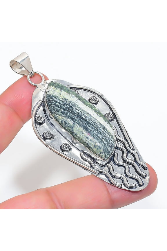 Natural Banded Green Opal 925 Sterling Silver Jewelry Pendant 3.19"