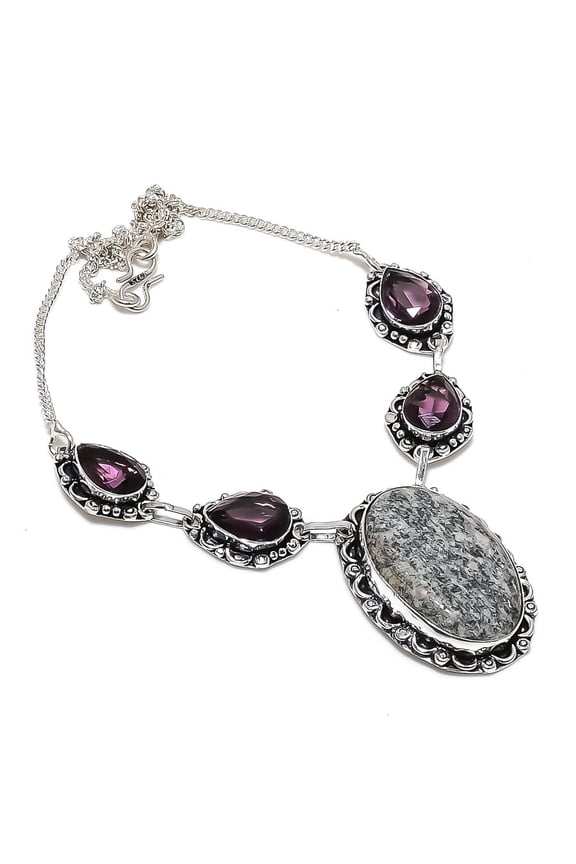 Natural Banded Green Opal, Amethyst 925 Sterling Silver Necklace 18"