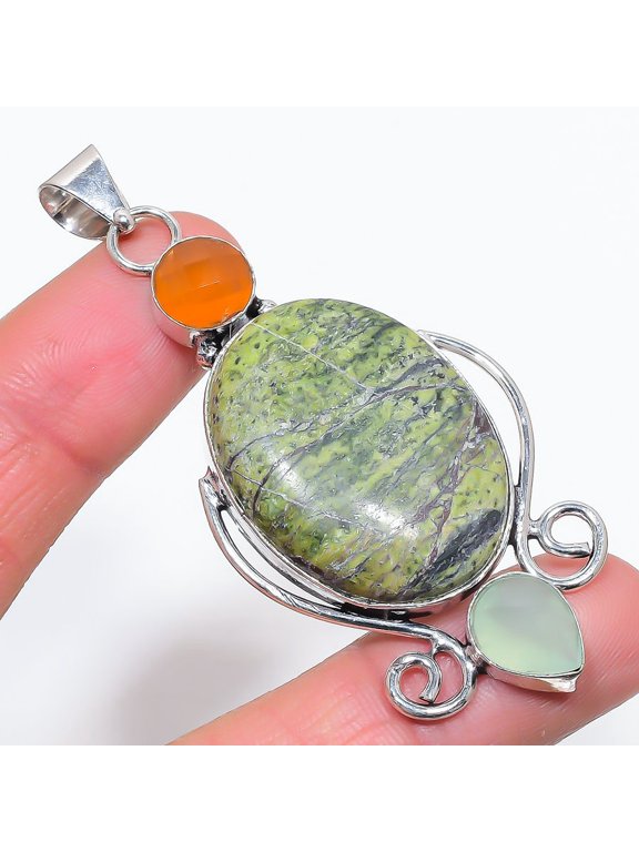 Natural Banded Green Opal, Carnelian 925 Sterling Silver Pendant 2.96"