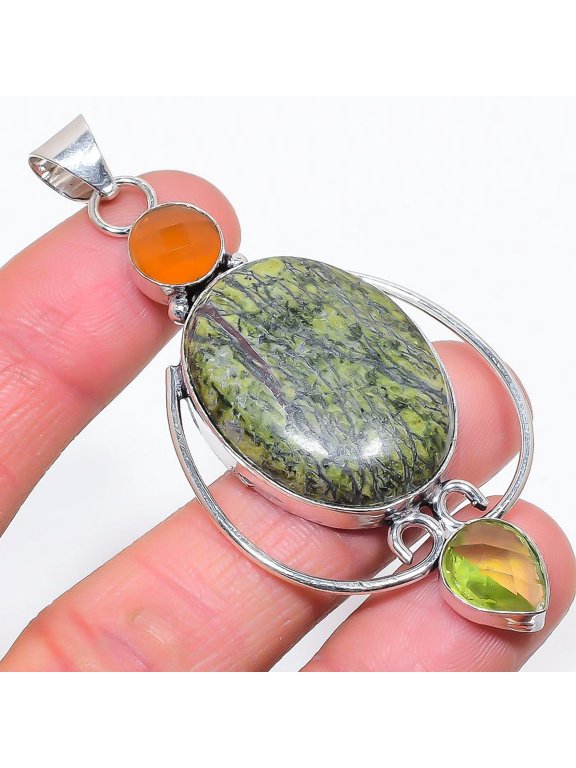 Natural Banded Green Opal, Carnelian 925 Sterling Silver Pendant 3.07"