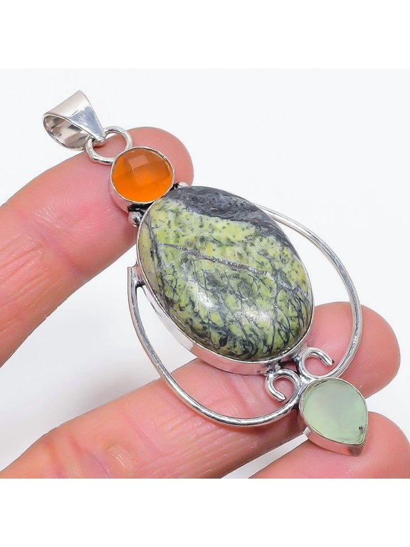 Natural Banded Green Opal, Citrine 925 Sterling Silver Pendant 3.15"