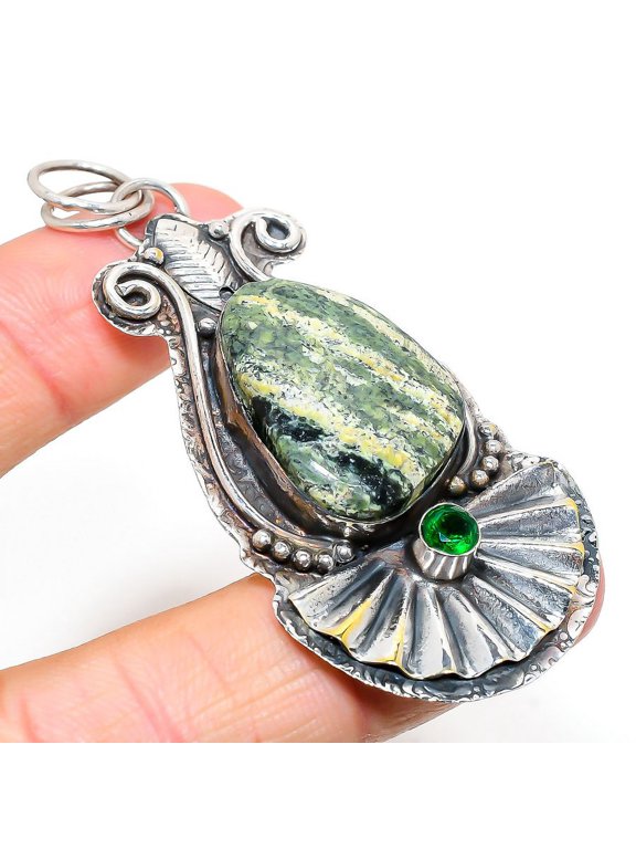 Natural Banded Green Opal,Diopside Stone 925 Sterling Silver Pendant 2.84"