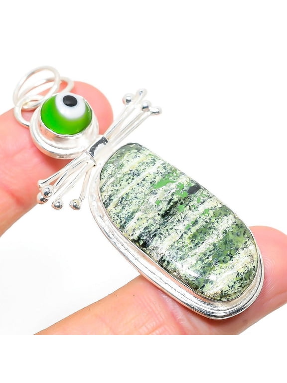 Natural Banded Green Opal,Evil Eye Stone 925 Sterling Silver Pendant 2.76"
