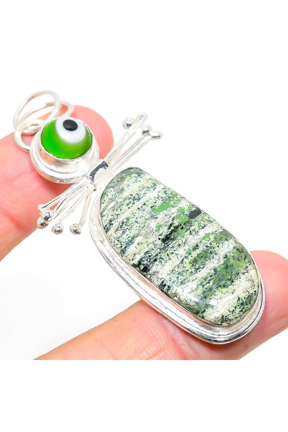 Natural Banded Green Opal,Evil Eye Stone 925 Sterling Silver Pendant 2.76"