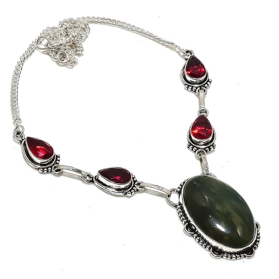 Natural Banded Green Opal, Garnet 925 Sterling Silver Jewelry Necklace 18"