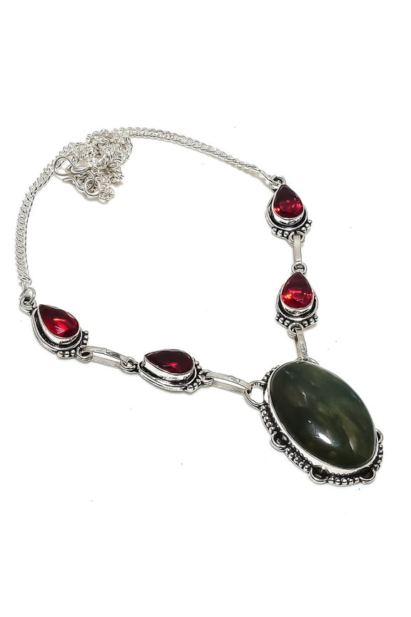 Natural Banded Green Opal, Garnet 925 Sterling Silver Jewelry Necklace 18"