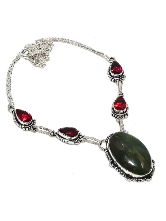 Natural Banded Green Opal, Garnet 925 Sterling Silver Jewelry Necklace 18"
