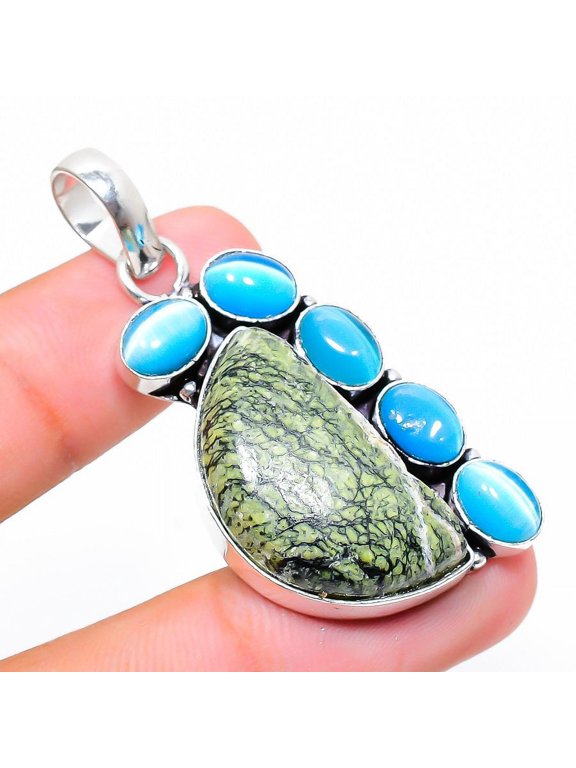 Natural Banded Green Opal,Monalisa Stone 925 Sterling Silver Pendant 2.01"