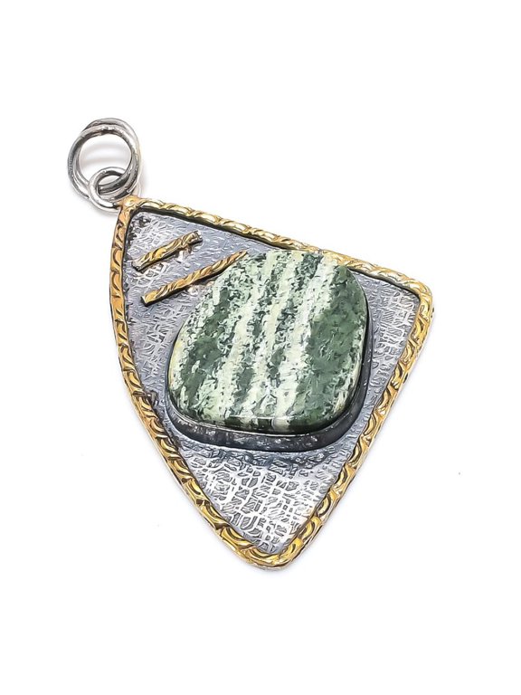 Natural Banded Green Opal Stone 925 Sterling Silver Two Tone Pendant 2.72"