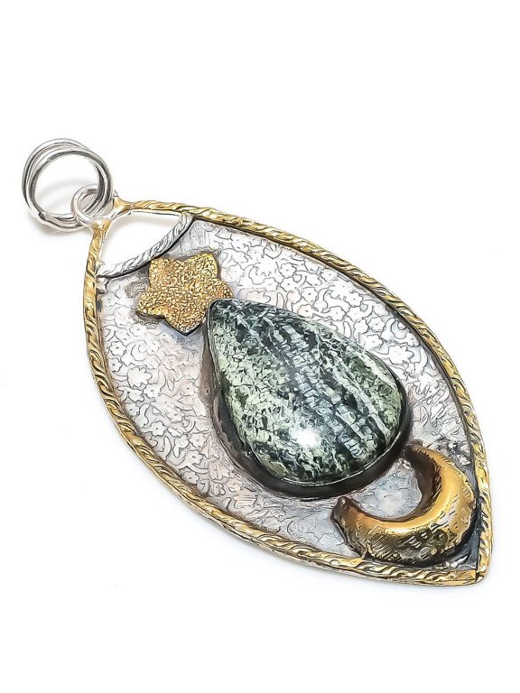 Natural Banded Green Opal Stone 925 Sterling Silver Two Tone Pendant 3.27"