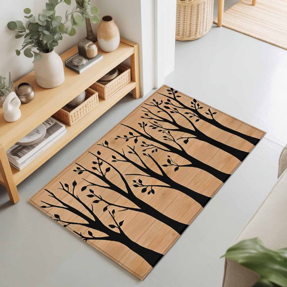 Natural Bare Trees on Brown Wood Rectangle Area Rug 2x3ft,Living Room Rug Non-Slip Washable Circle Rugs Pad,Black Plant Silhouette Soft Floor Carpet for Bedroom Dining Room