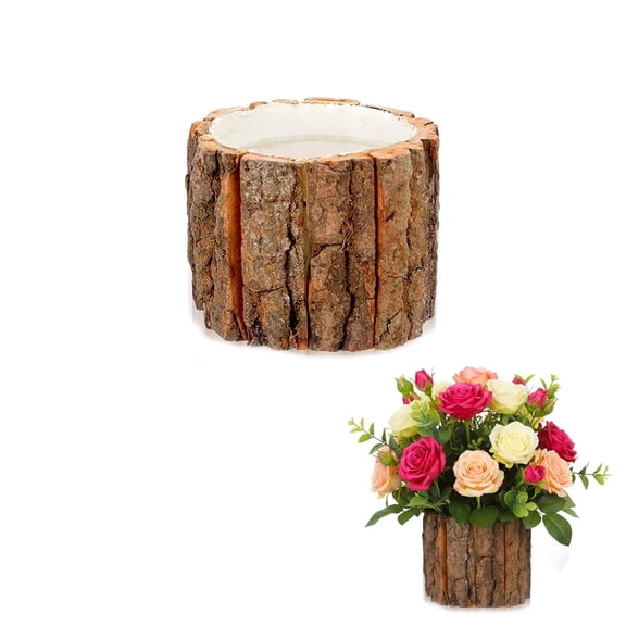 Natural Bark Tree Stump Vase Planter, 1 Pc Handcrafted Wood Stump Container, Rustic Wooden Log Centerpiece Pot for Wedding Table Decor Fake Florals Small Houseplants (3.5x3.2in)