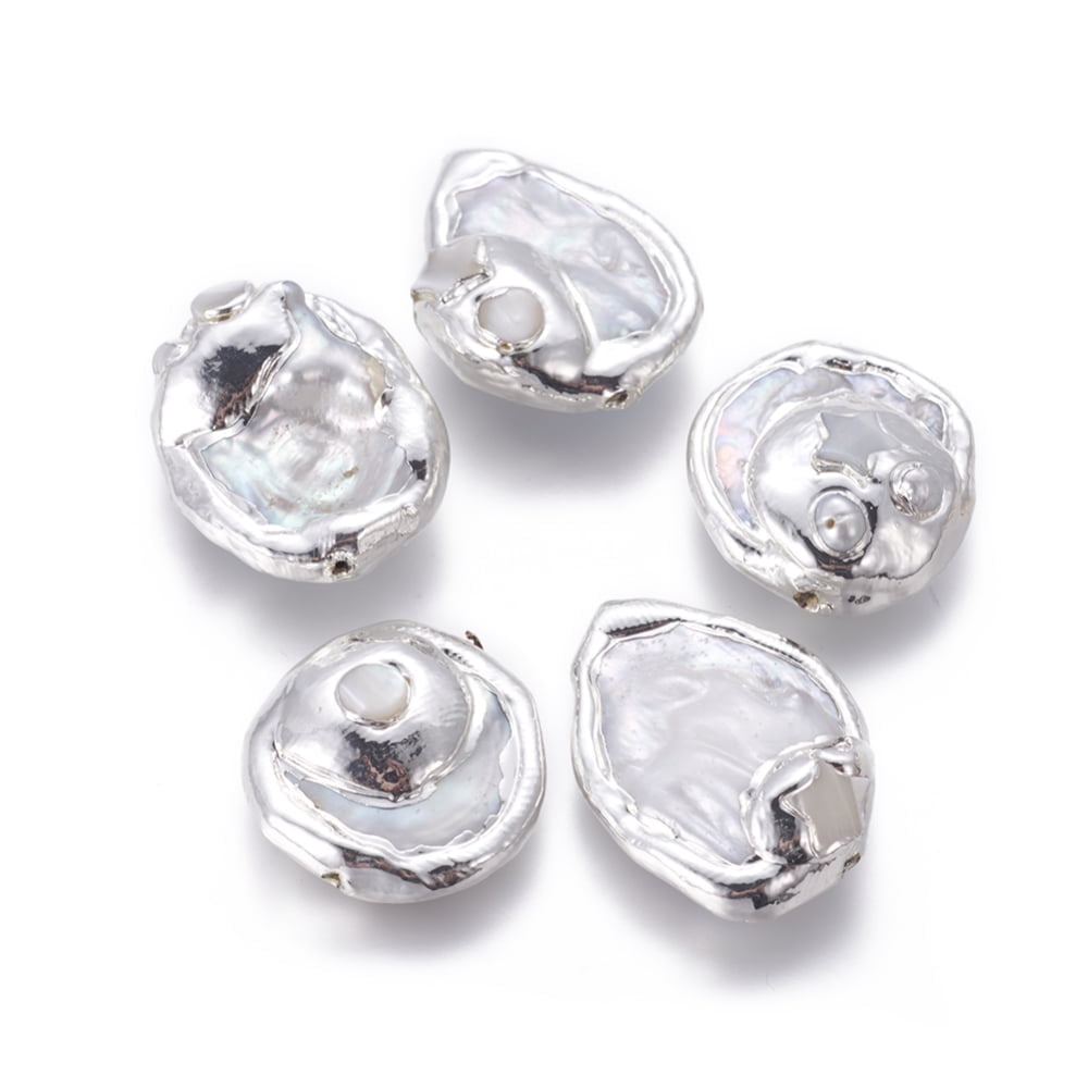 Natural Baroque Pearl Cultured Freshwater Pearl Beads with Brass Findings White Silver Color Plated 23.5~29x21~22.5x8~13mm Hole: 0.8mm
