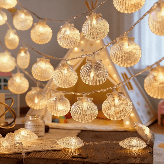 Natural Beach Shell String Light 20 FT Lights with Battery Operated Warm White LED Ocean Theme for Holiday Party, Wedding, Garden Decoration (Shell)