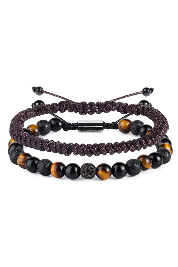 Natural Beaded Bracelets for Men Boys - 6mm Tiger Eye Obsidian Lava Beads Mens Bracelet Set for Couples - Christmas Gifts Birthday Gifts Mens Jewelry for Boyfriend Husband Him