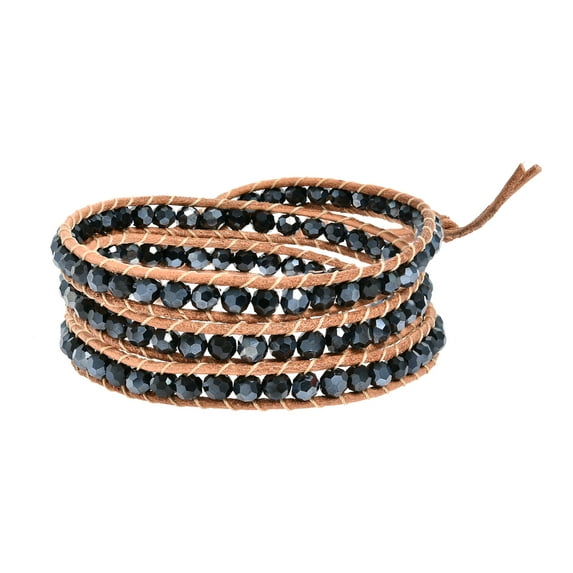 Natural Beauty Black Crystal Triple Wrap Nude Leather Bracelet